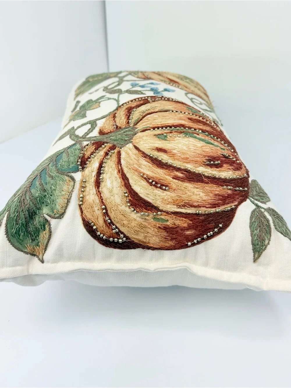 Autumn Blessings Orange Green Pumpkin Vine Gold Beaded Fall Accent Decor Pillow